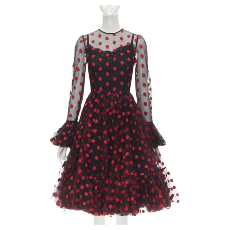 DOLCE GABBANA vestido acampanado de tul bordado a lunares rojo negro IT40 S en venta