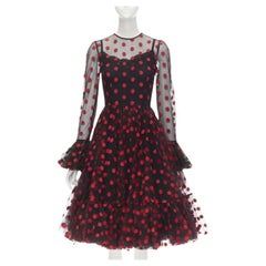 DOLCE GABBANA black red polka dot embroidered tulle flared dress IT40 S