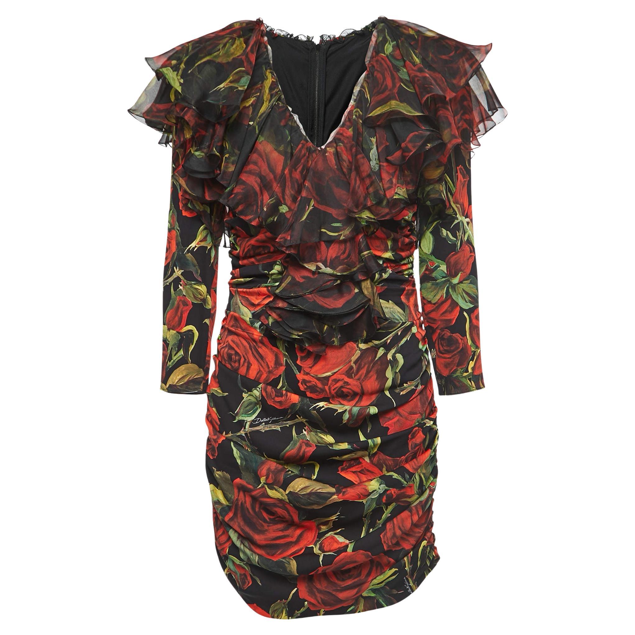 Dolce & Gabbana Black/Red Rose Printed Stretch Silk Ruched Mini Dress 