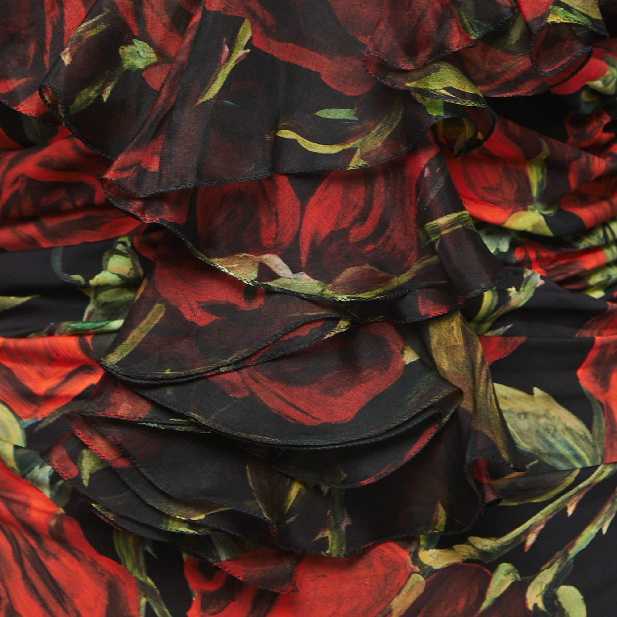 Women's Dolce & Gabbana Black/Red Rose Printed Stretch Silk Ruched Mini Dress M For Sale