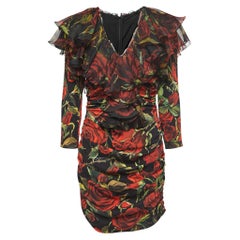Dolce & Gabbana - Mini robe froncée en soie extensible imprimée roses noires/rouges, taille M