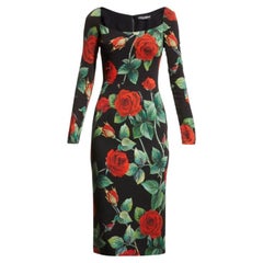 Dolce & Gabbana Black Red Silk Rose Mid-length Dress Flower Midi Elegant D&G