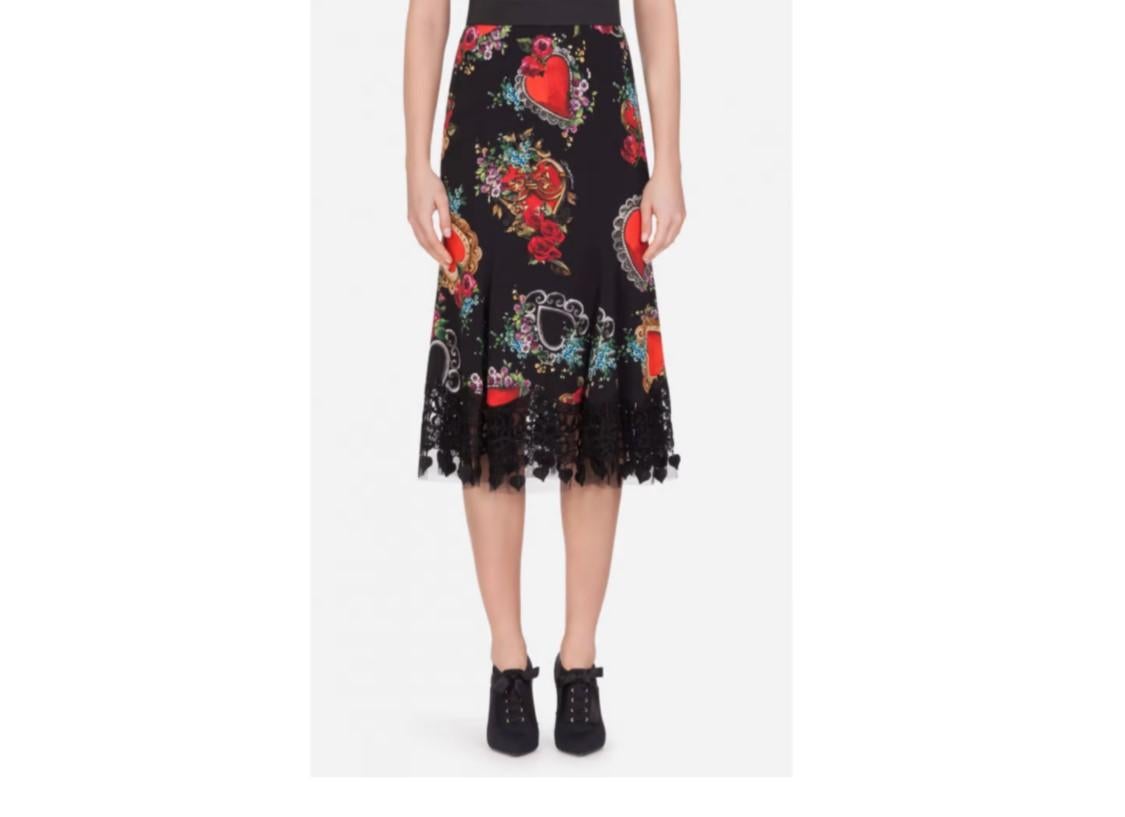 Women's Dolce & Gabbana Black Red Silk Runway Midi Skirt With Heart Rose Print Flowers