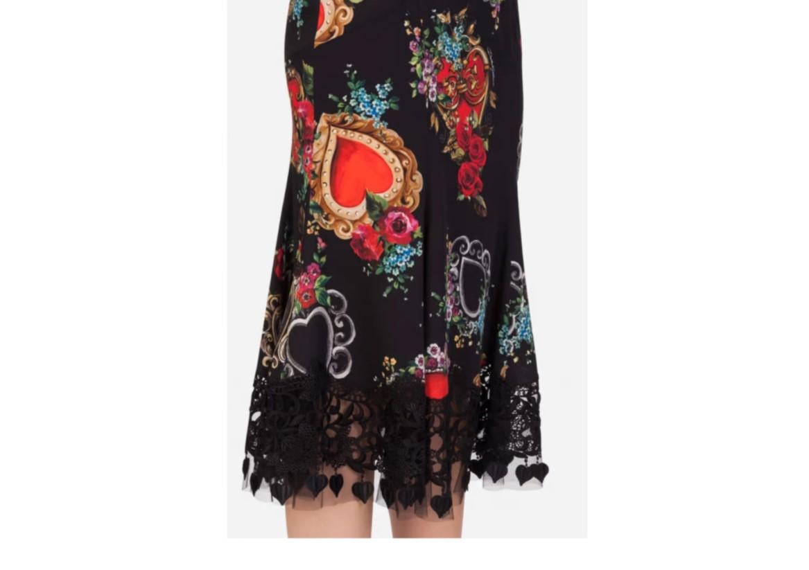 Dolce & Gabbana Black Red Silk Runway Midi Skirt With Heart Rose Print Flowers 1