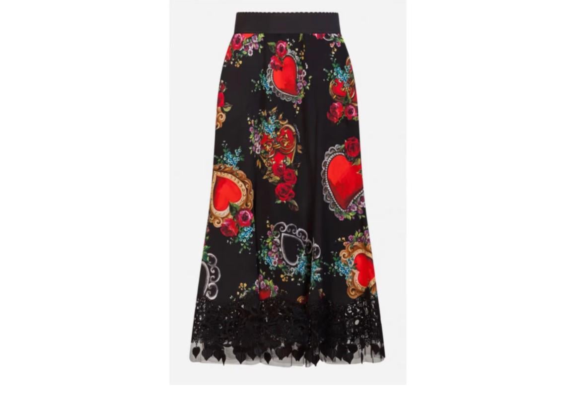 Dolce & Gabbana Black Red Silk Runway Midi Skirt With Heart Rose Print Flowers 2