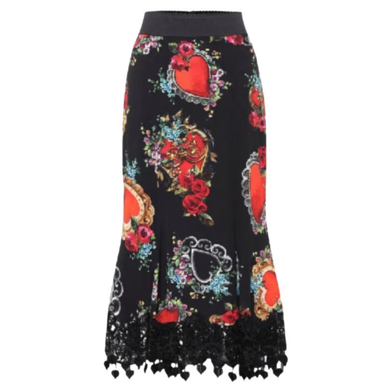 Dolce & Gabbana Black Red Silk Runway Midi Skirt With Heart Rose Print Flowers