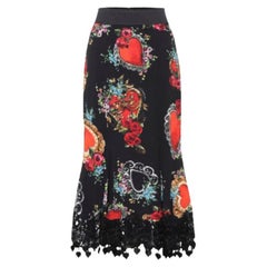 Dolce & Gabbana Black Red Silk Runway Midi Skirt With Heart Rose Print Flowers