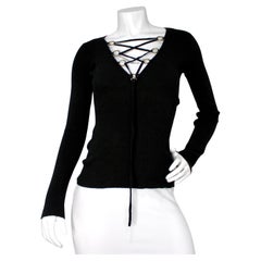 Dolce & Gabbana Black Ribbed Lace Up V-Neck Longsleeve Top