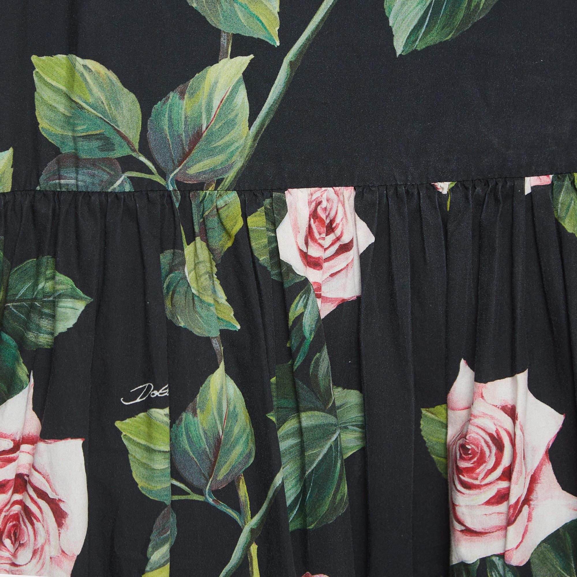 Noir Dolce & Gabbana - Robe en popeline de coton imprimée de roses noires (11-12 Yrs) en vente