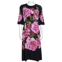 Dolce & Gabbana Black Rose Print Crepe Midi Dress M