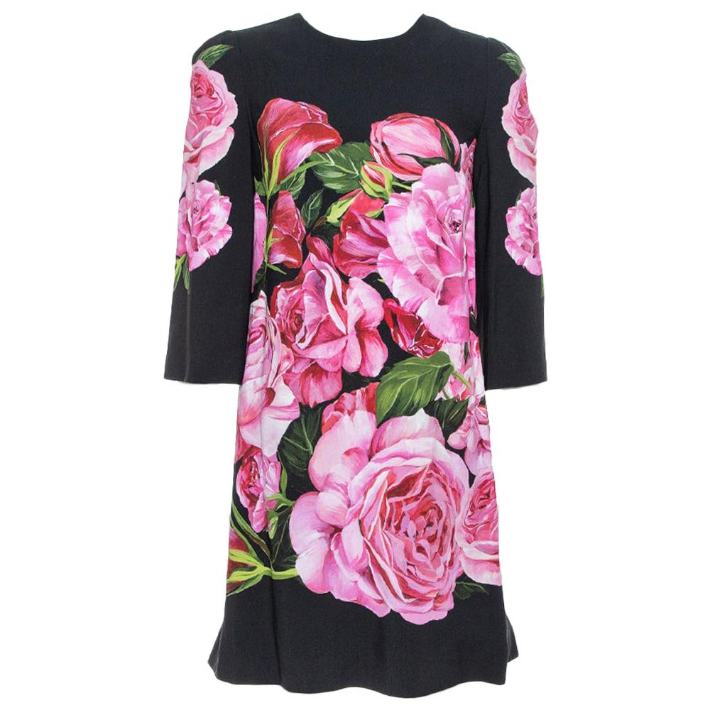 Dolce & Gabbana Black Rose Print Crepe Shift Dress S