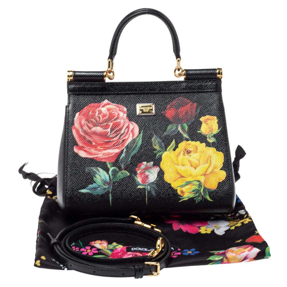 Dolce & Gabbana Schwarz Rose Print Dauphine Leder Klein Miss Sicily Top Handle B 6