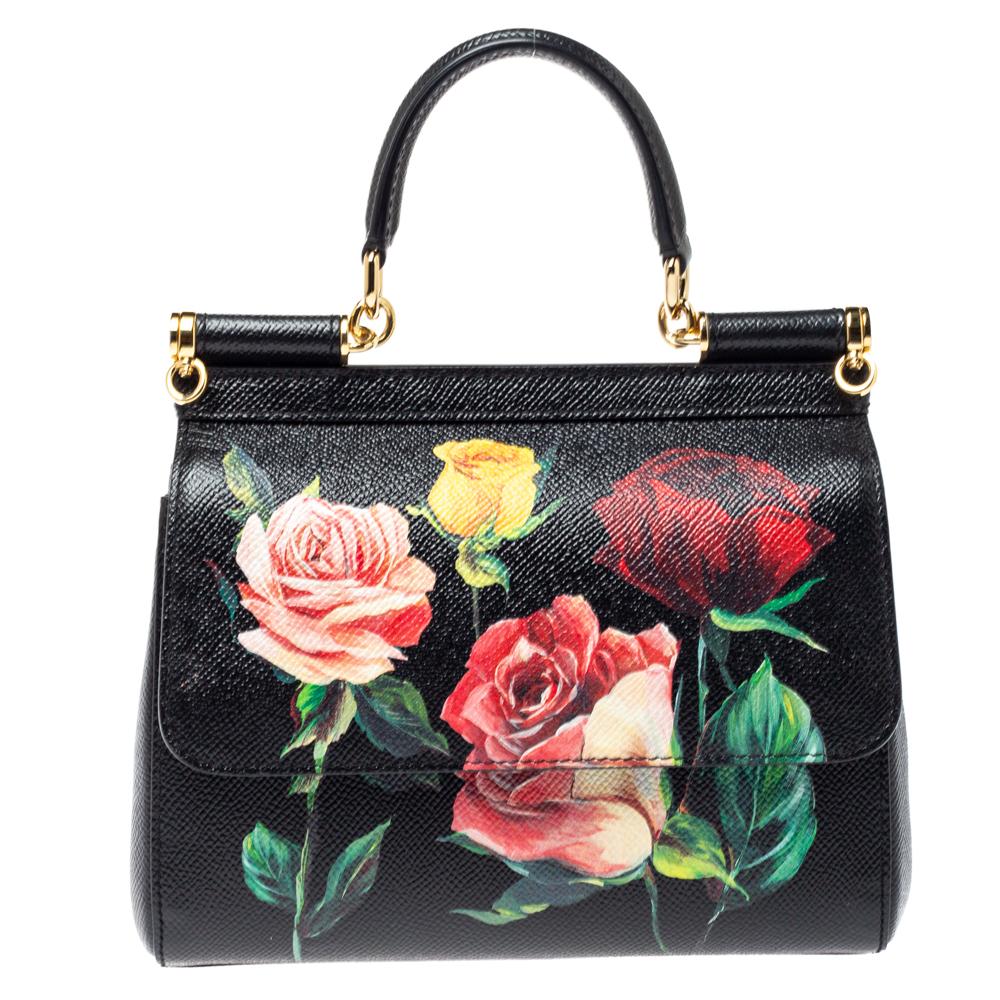 Dolce & Gabbana Black Rose Print Dauphine Leather Small Miss Sicily Top  Handle B