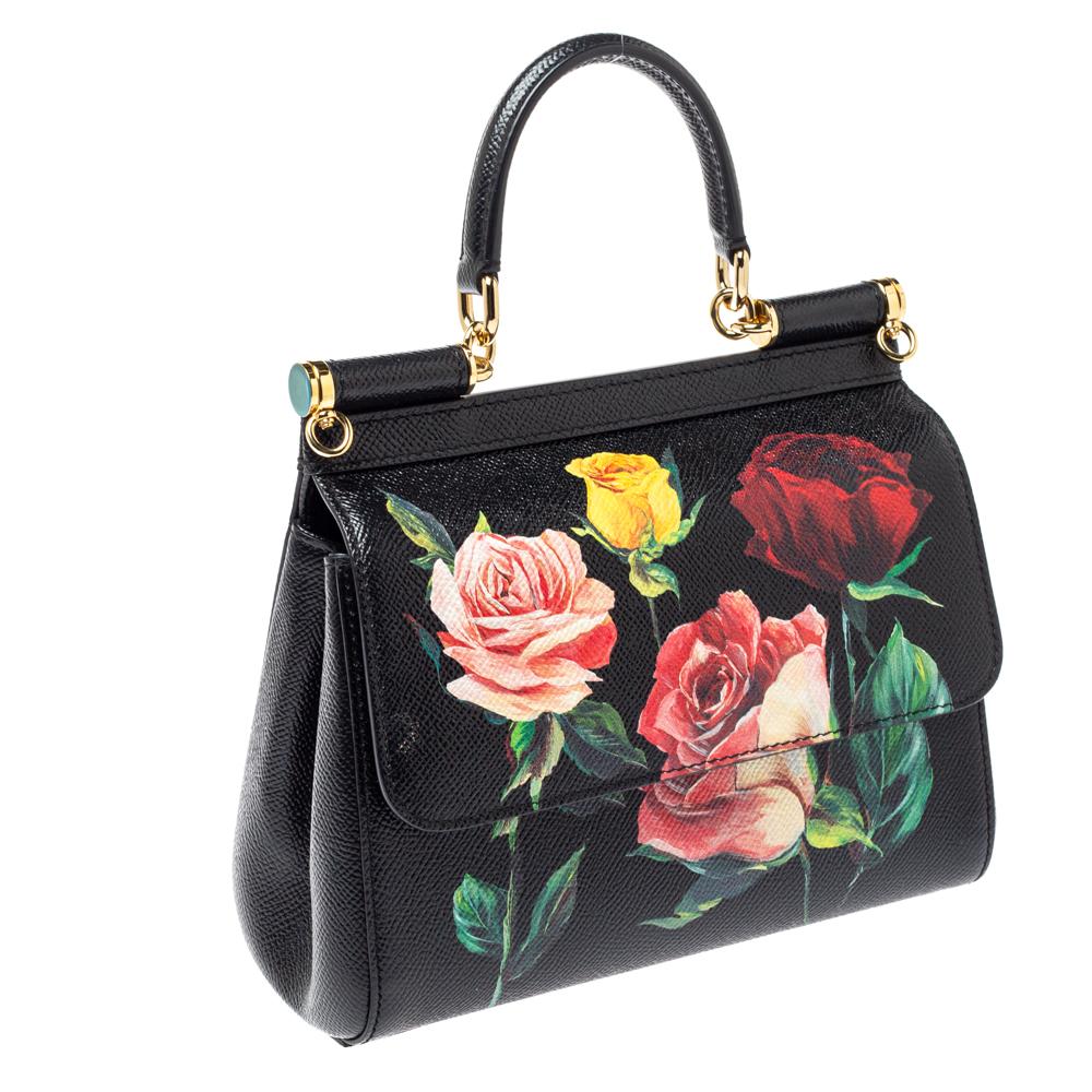 Dolce and Gabbana Black Rose Print Dauphine Leather Small Miss 
