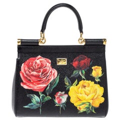 Dolce & Gabbana Black Rose Print Dauphine Leather Small Miss Sicily Top Handle B