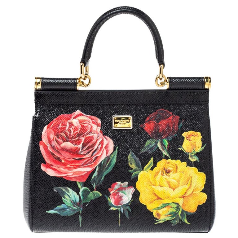 Dolce and Gabbana Black Rose Print Dauphine Leather Small Miss