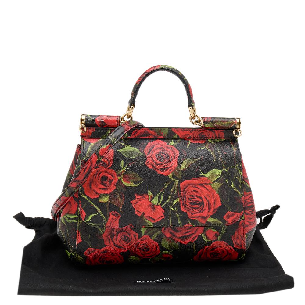 Dolce & Gabbana Black Rose Print Leather Medium Miss Sicily Top Handle Bag 5