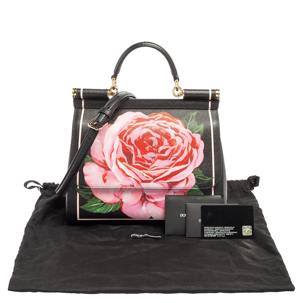 Dolce & Gabbana Black Rose Print Leather Medium Miss Sicily Top Handle Bag 7