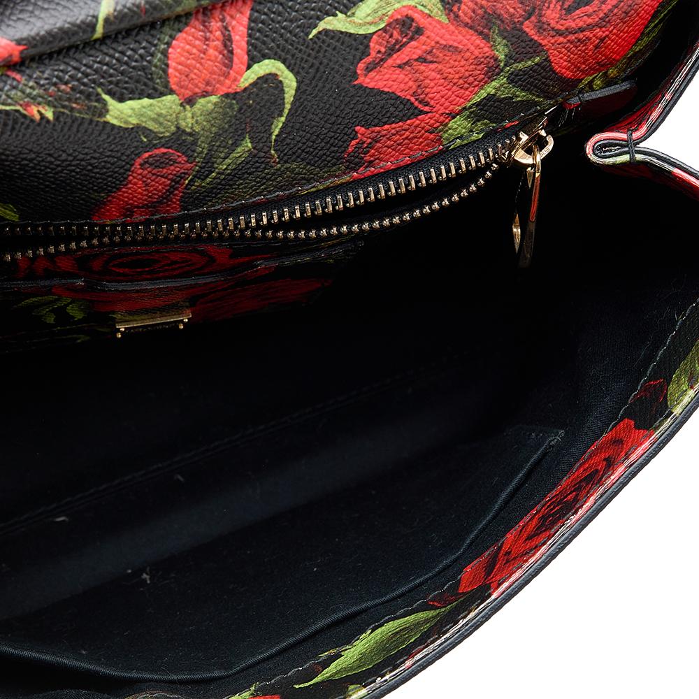 Dolce & Gabbana Black Rose Print Leather Medium Miss Sicily Top Handle Bag In Good Condition In Dubai, Al Qouz 2
