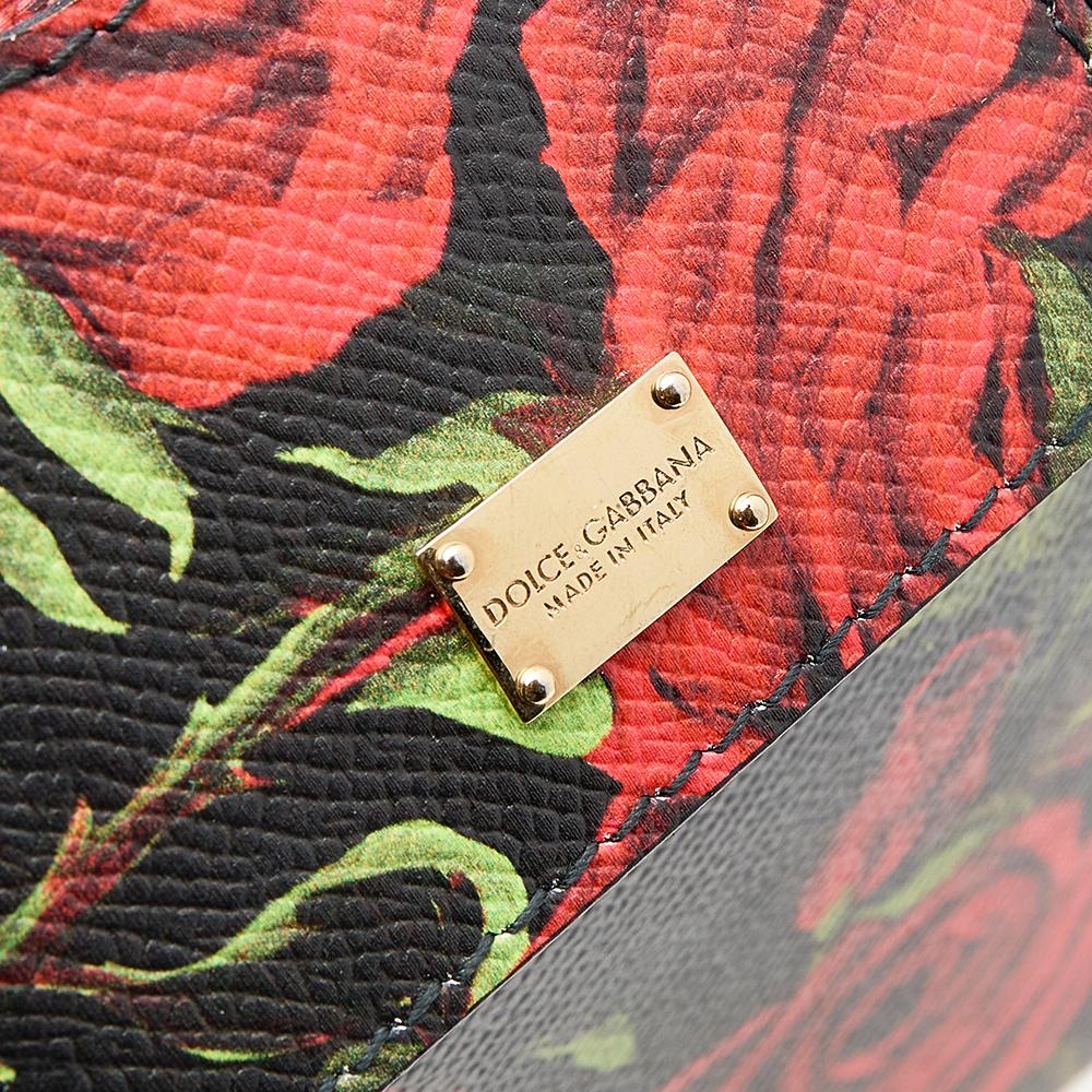 Women's Dolce & Gabbana Black Rose Print Leather Medium Miss Sicily Top Handle Bag