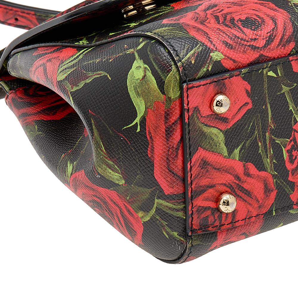Dolce & Gabbana Black Rose Print Leather Medium Miss Sicily Top Handle Bag 2