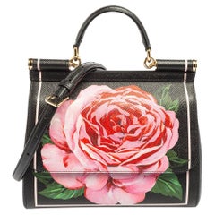 Dolce & Gabbana Black Rose Print Leather Medium Miss Sicily Top Handle Bag
