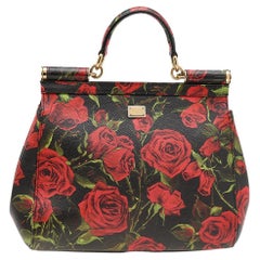 Dolce & Gabbana Black Rose Print Leather Medium Miss Sicily Top Handle Bag