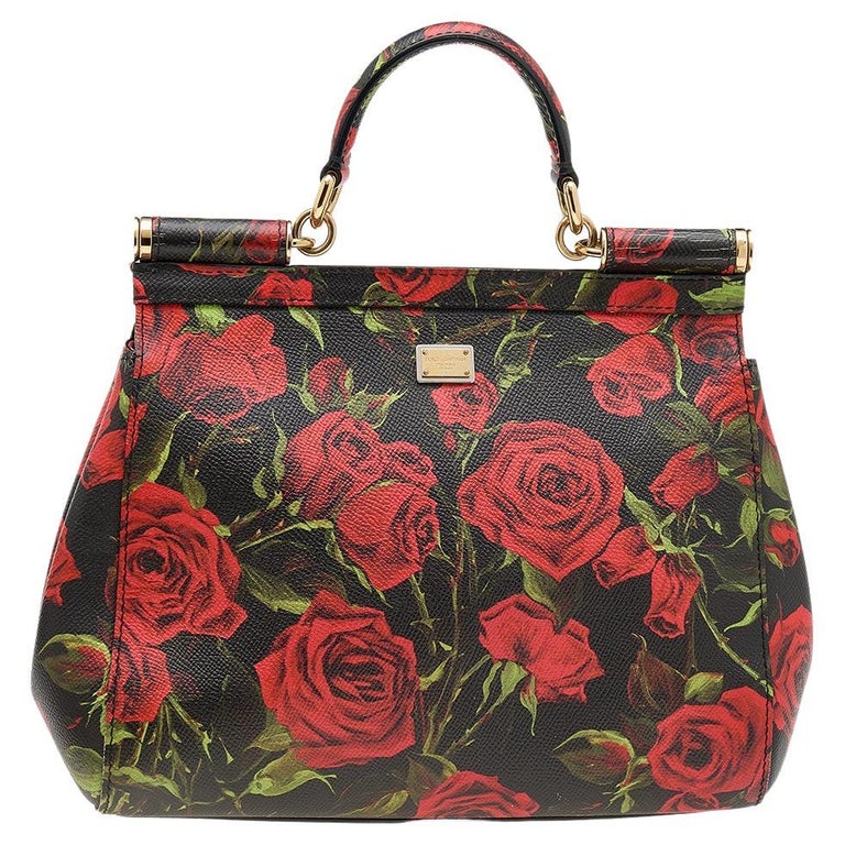 Dolce and Gabbana Black Rose Print Leather Medium Miss Sicily Top Handle Bag  For Sale at 1stDibs