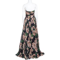 Dolce & Gabbana Black Rose Print Silk Gathered Strapless Dress L