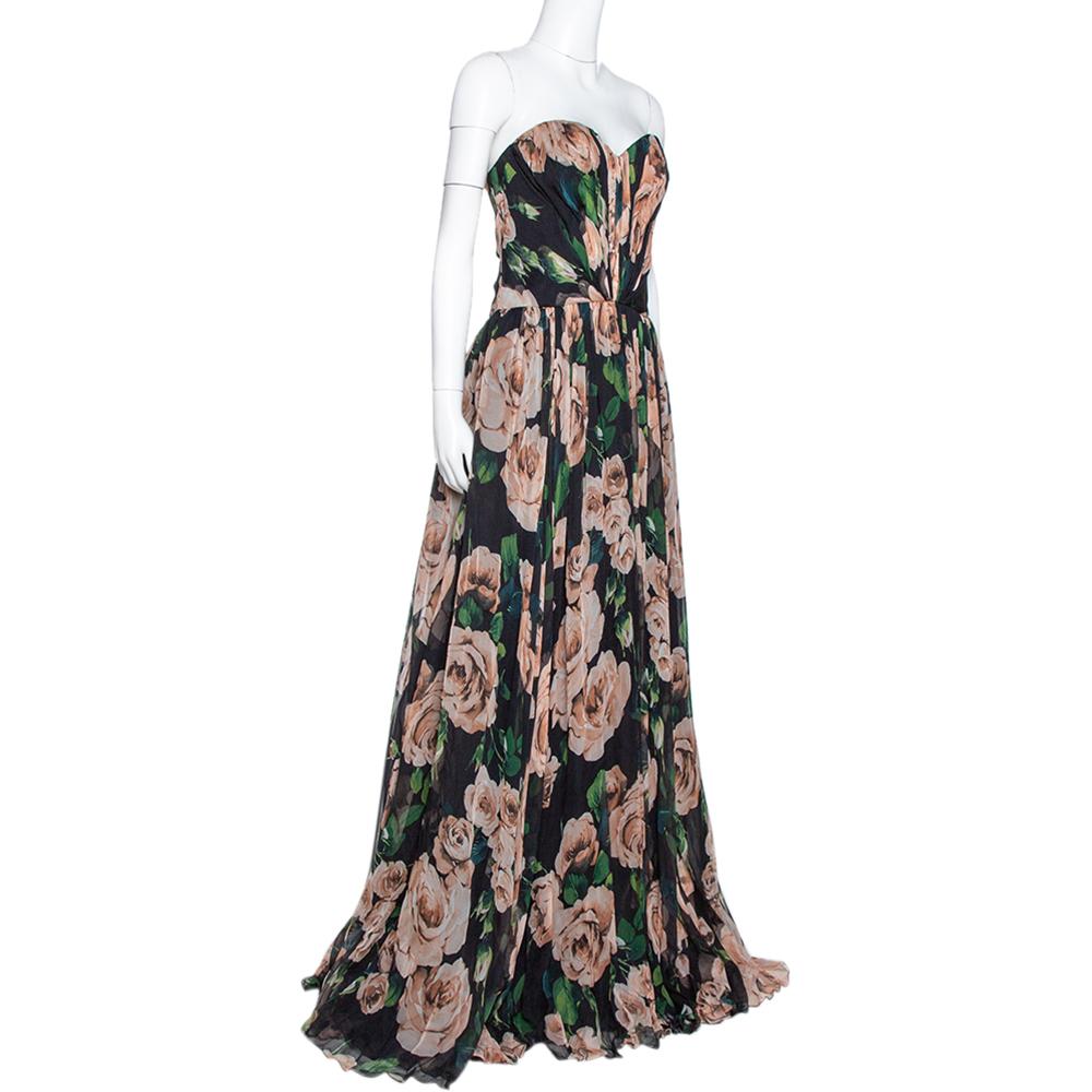 Dolce & Gabbana Black Rose Print Silk Gathered Strapless Dress L In Good Condition In Dubai, Al Qouz 2