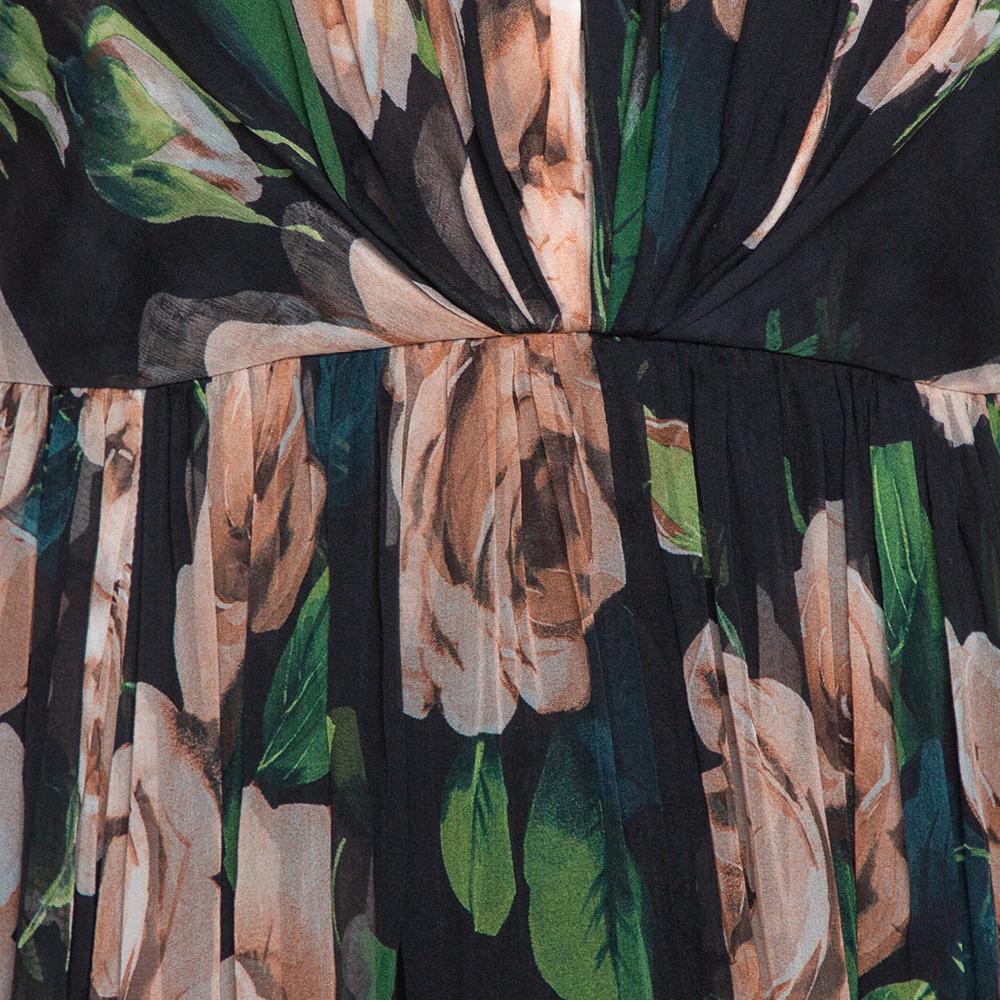Women's Dolce & Gabbana Black Rose Print Silk Gathered Strapless Dress L