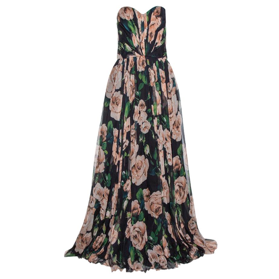 Dolce & Gabbana Black Rose Print Silk Gathered Strapless Dress L