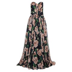 Dolce & Gabbana Black Rose Print Silk Gathered Strapless Dress L