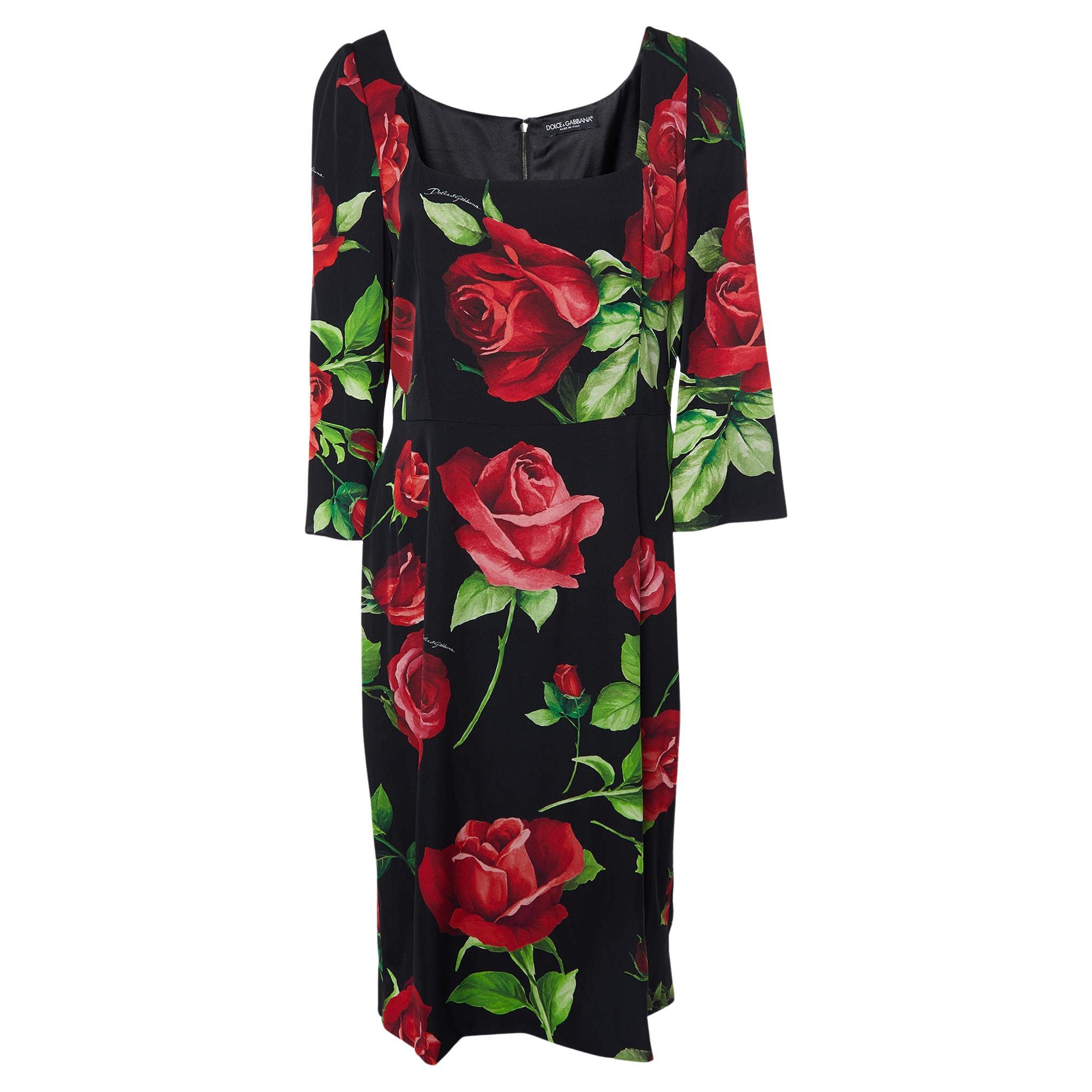 Dolce & Gabbana Black Rose Print Silk Sheath Dress XL
