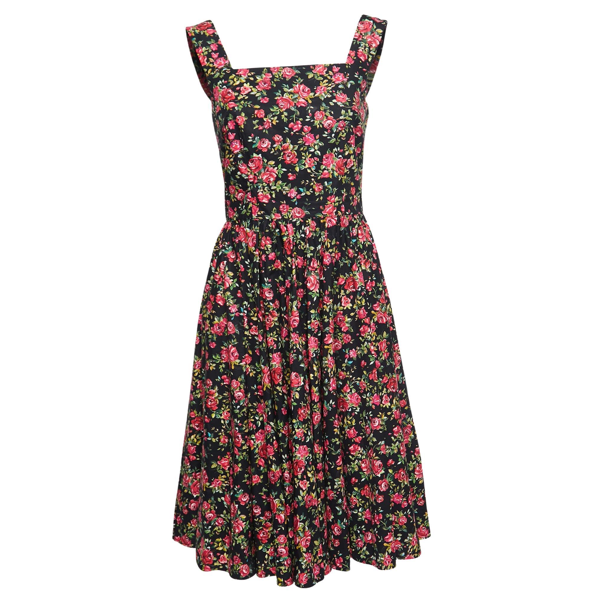 Dolce 
Gabbana Black Rose Printed Cotton Flared Midi Dress M