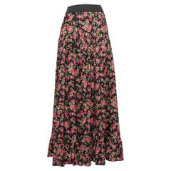 Dolce & Gabbana Black Rose Printed Cotton Ruffle Hem Maxi Skirt L