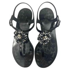 Dolce & Gabbana Black Rubber Flats Strap Sandals Flip Flops Taormina Crystals