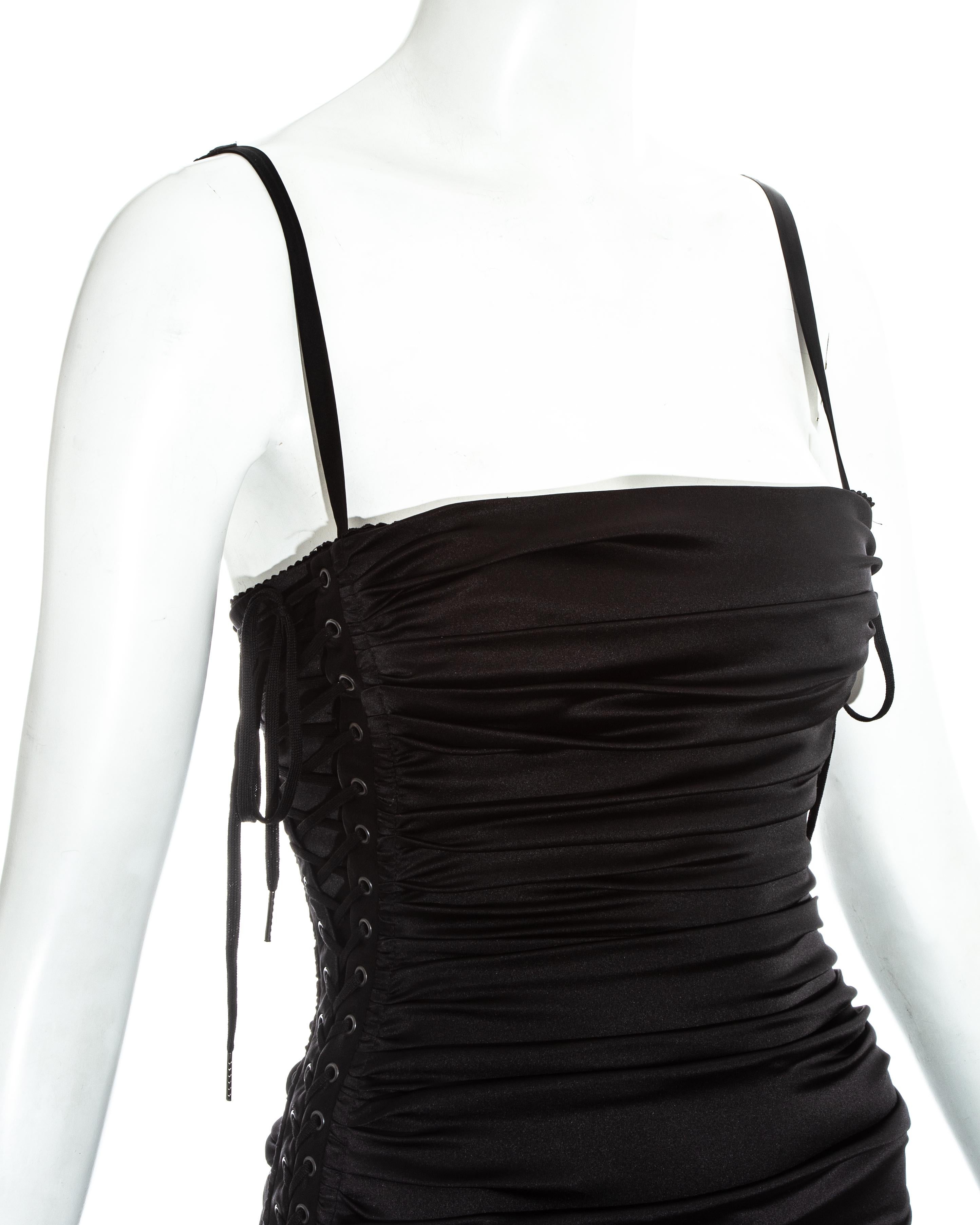 Black Dolce & Gabbana black ruched silk figure hugging lace up dress, ss 2003