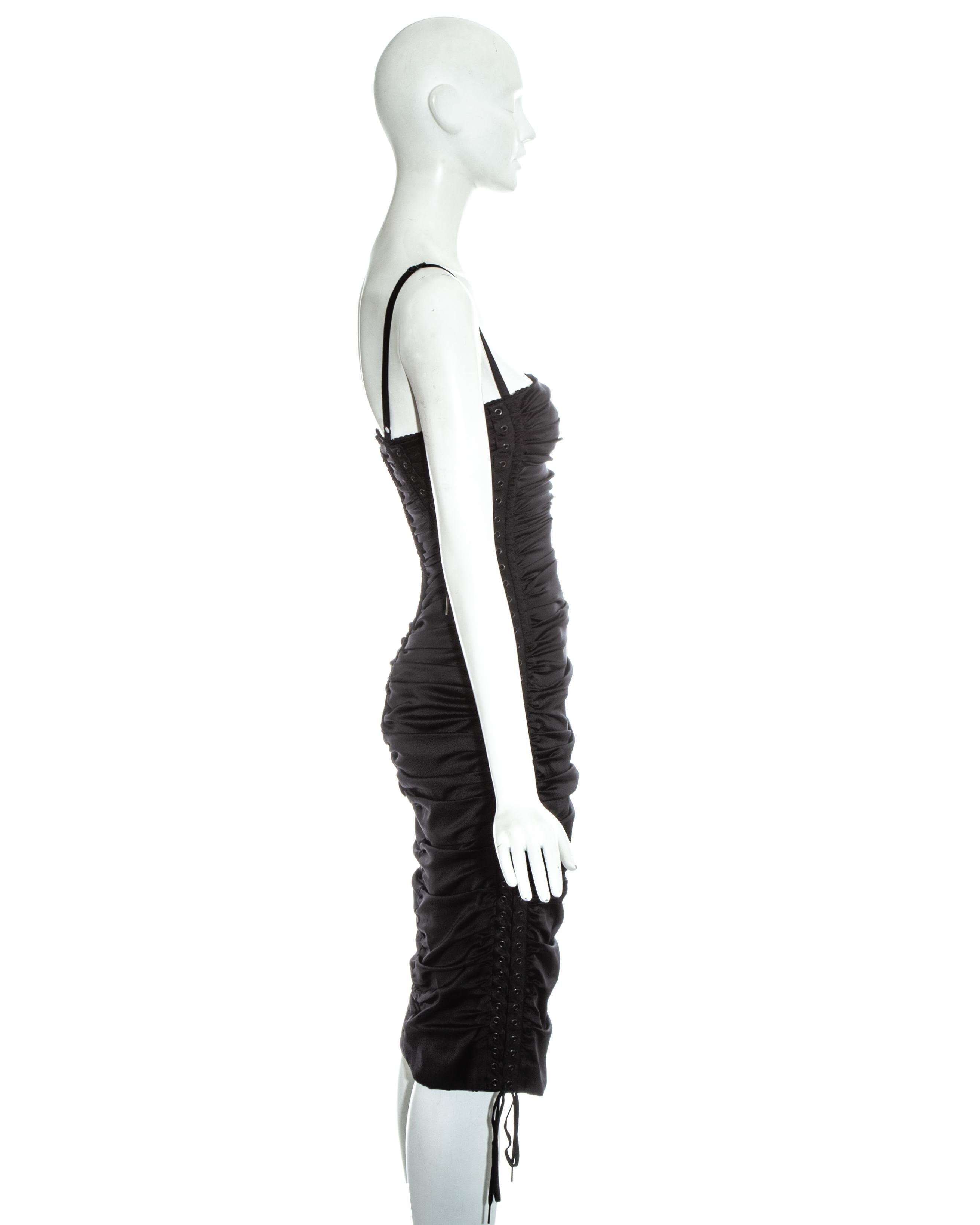 Dolce & Gabbana black ruched silk figure hugging lace up dress, ss 2003 In Excellent Condition In London, GB