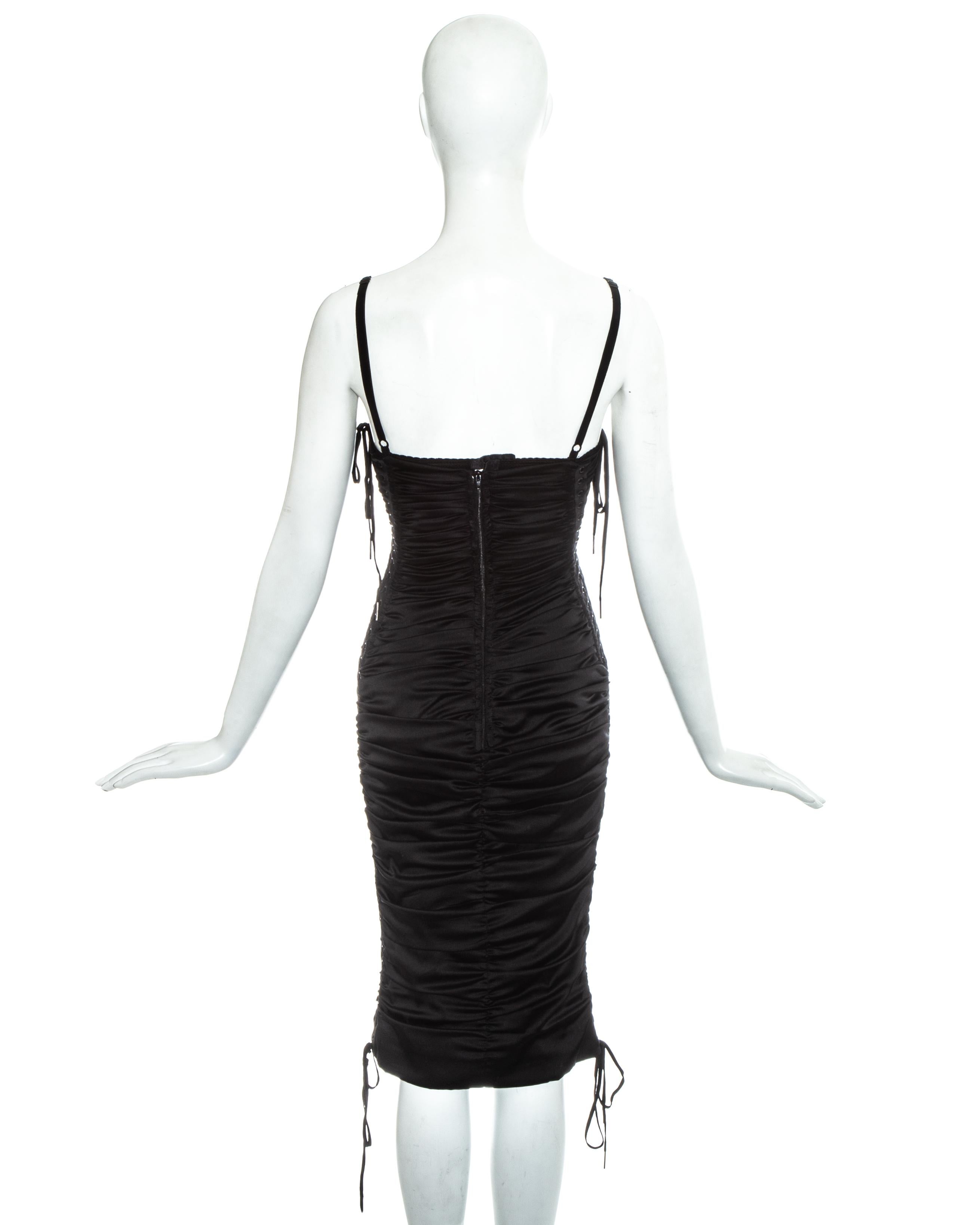 Women's Dolce & Gabbana black ruched silk figure hugging lace up dress, ss 2003