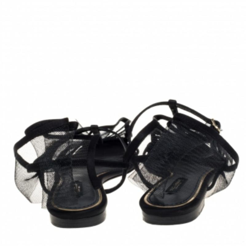 Dolce & Gabbana Black Satin And Mesh Flat Sandals Size 37.5 For Sale 1