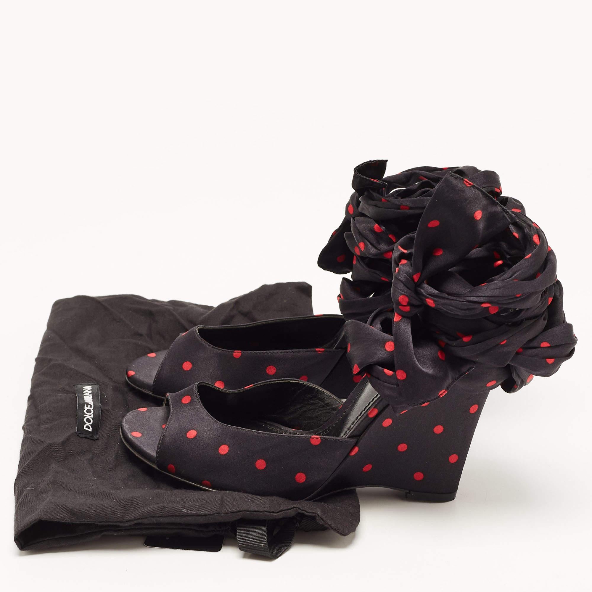 Dolce & Gabbana Black Satin Ankle Wrap Wedge Sandals Size 38.5 5