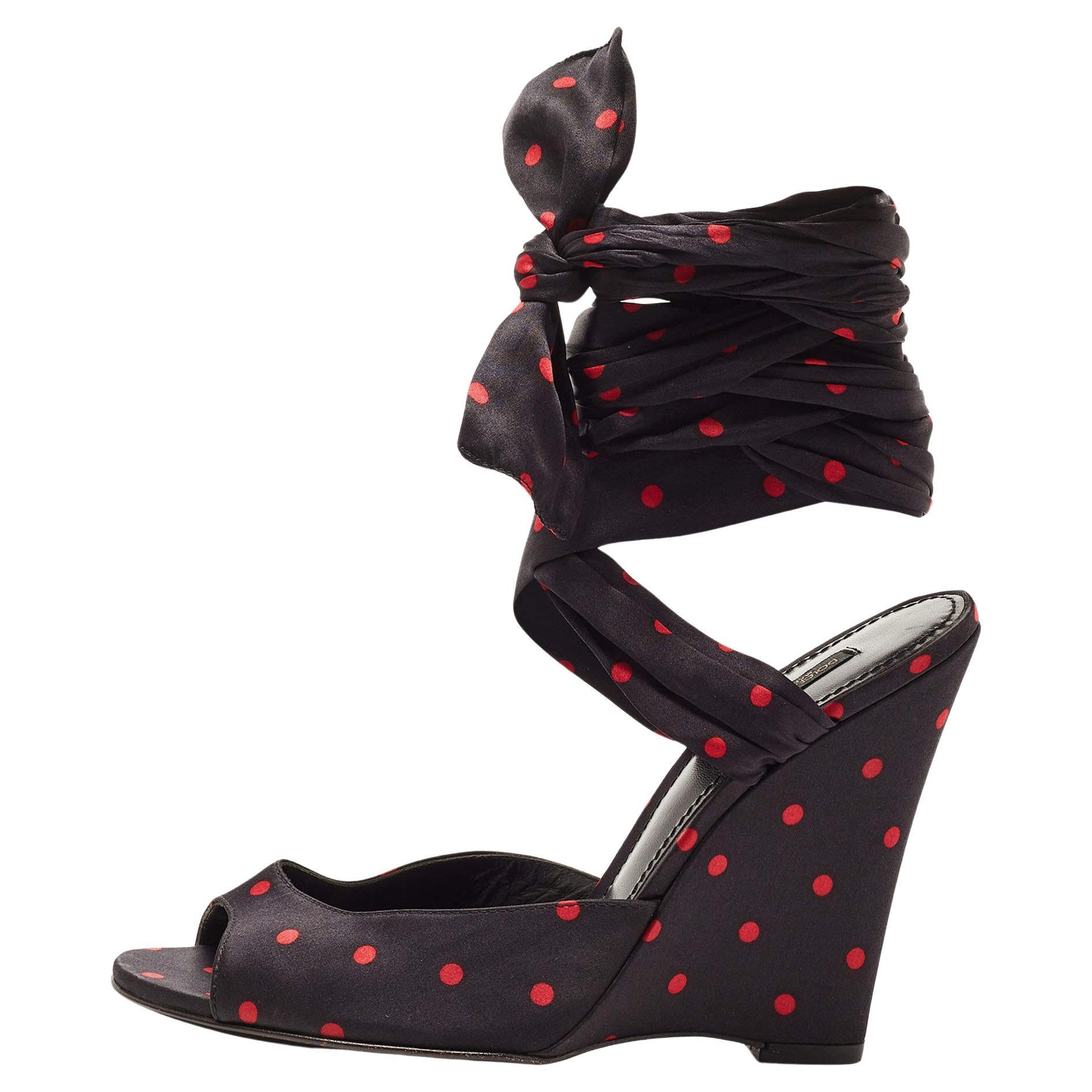 Dolce & Gabbana Black Satin Ankle Wrap Wedge Sandals Size 38.5