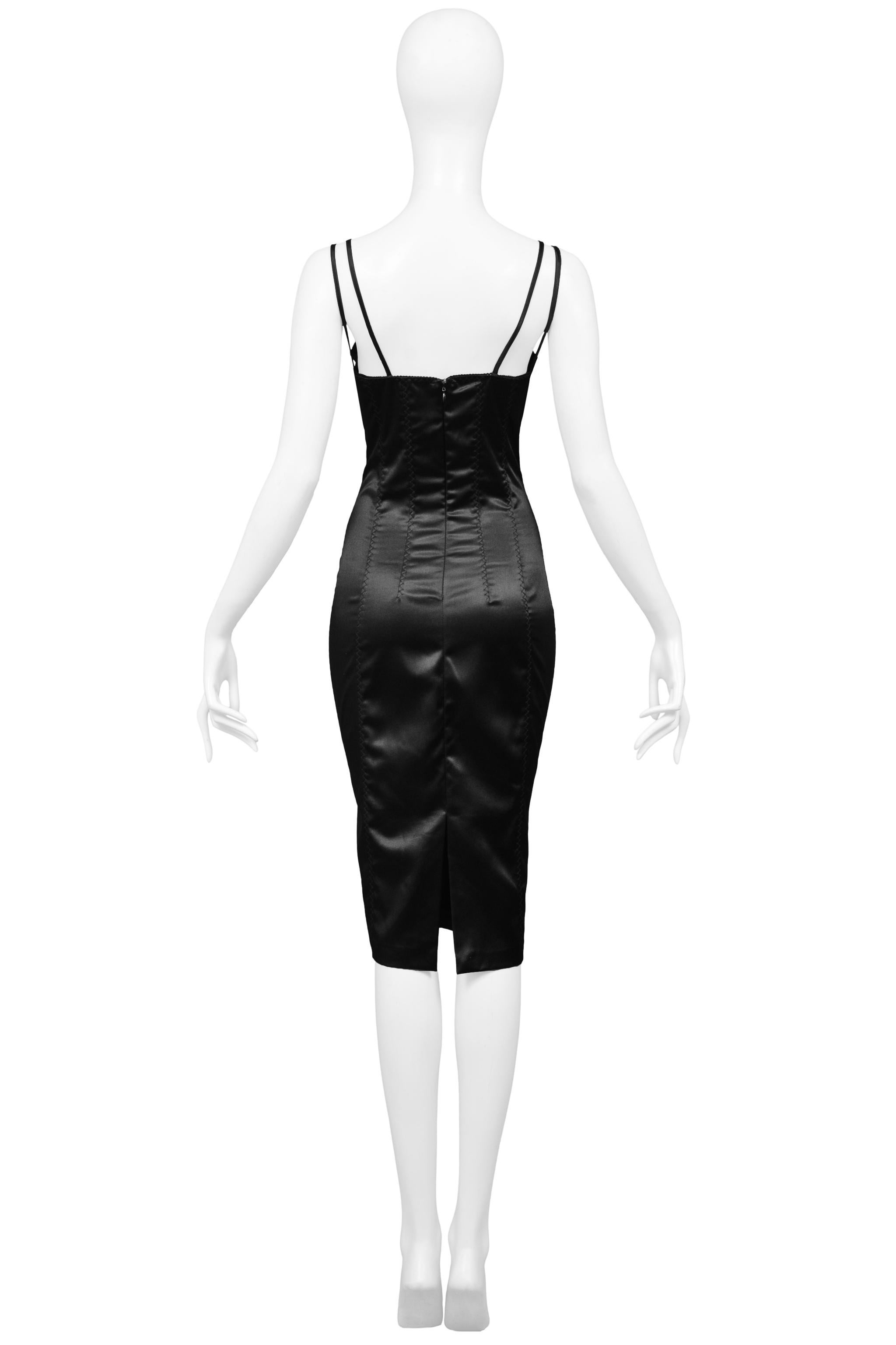 Dolce & Gabbana Black Satin Bodycon Dress with Lace Insets In Excellent Condition In Los Angeles, CA