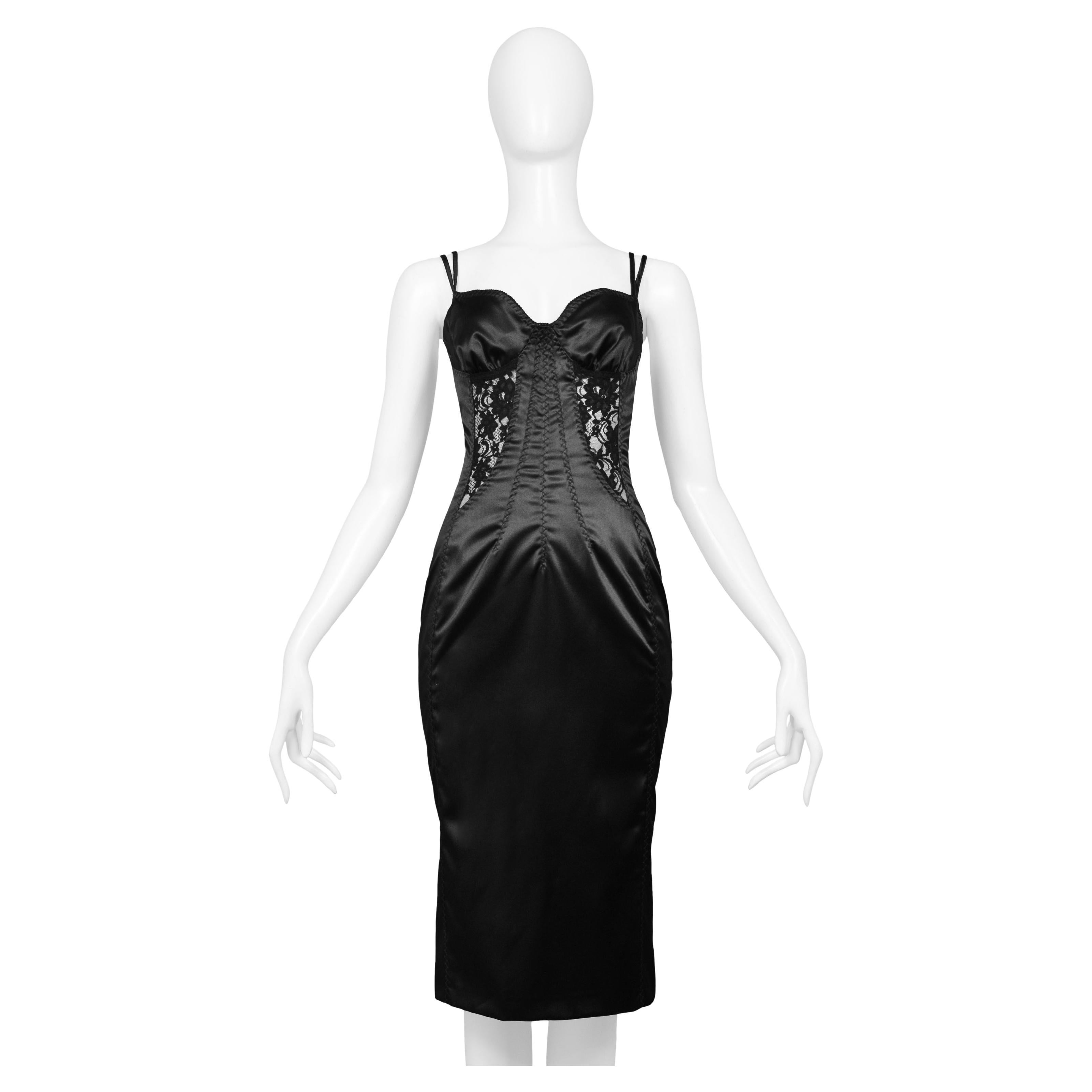 Dolce & Gabbana Black Satin Bodycon Dress with Lace Insets