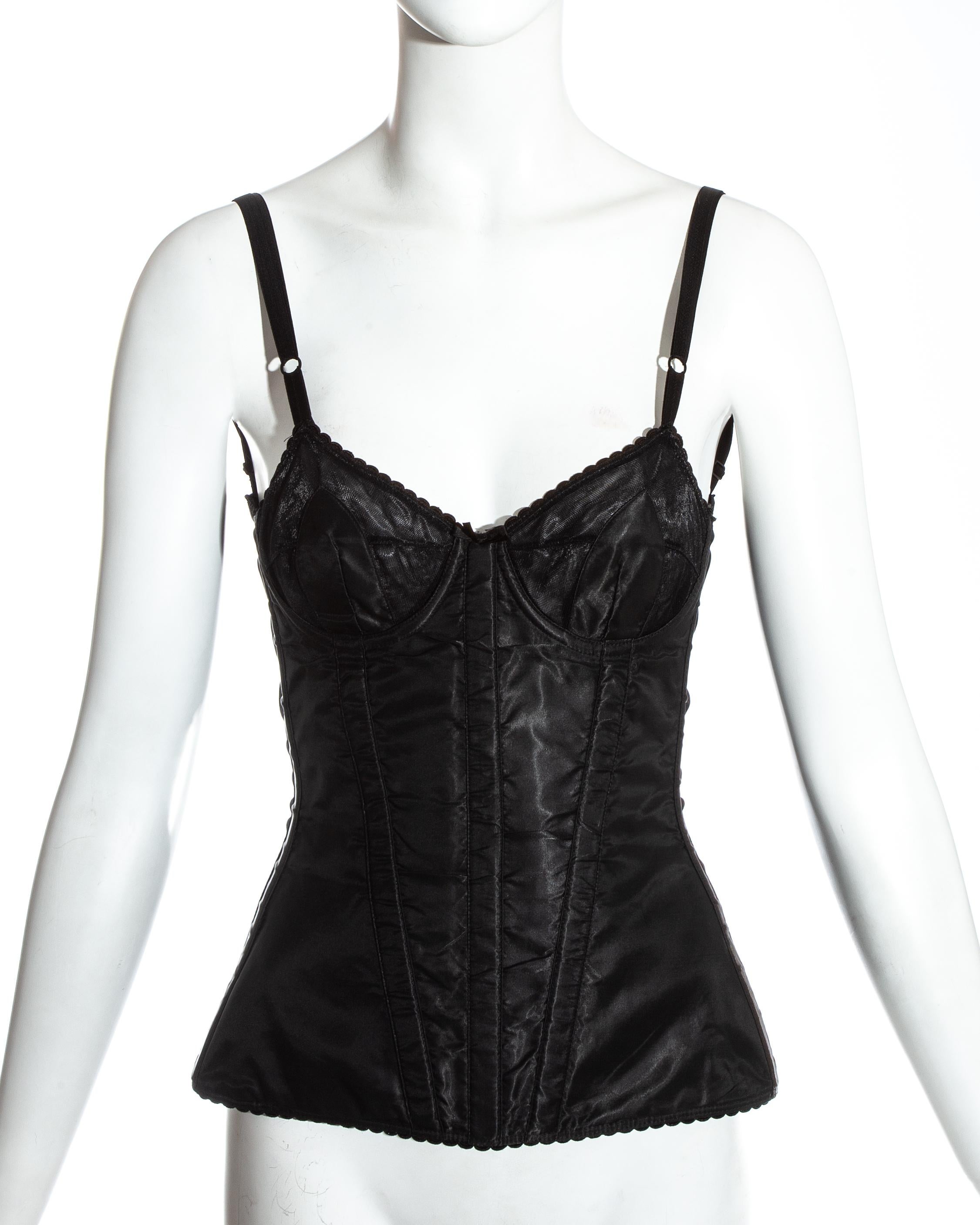 Dolce & Gabbana black satin and spandex evening corset with internal boning and hook and eye fastenings.

c. 1990s