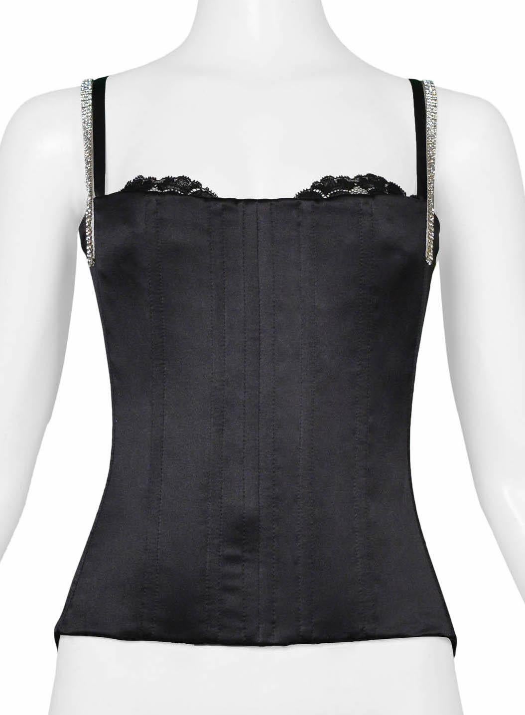 Dolce & Gabbana Black Satin Corset Top With Rhinestone Straps In Excellent Condition In Los Angeles, CA