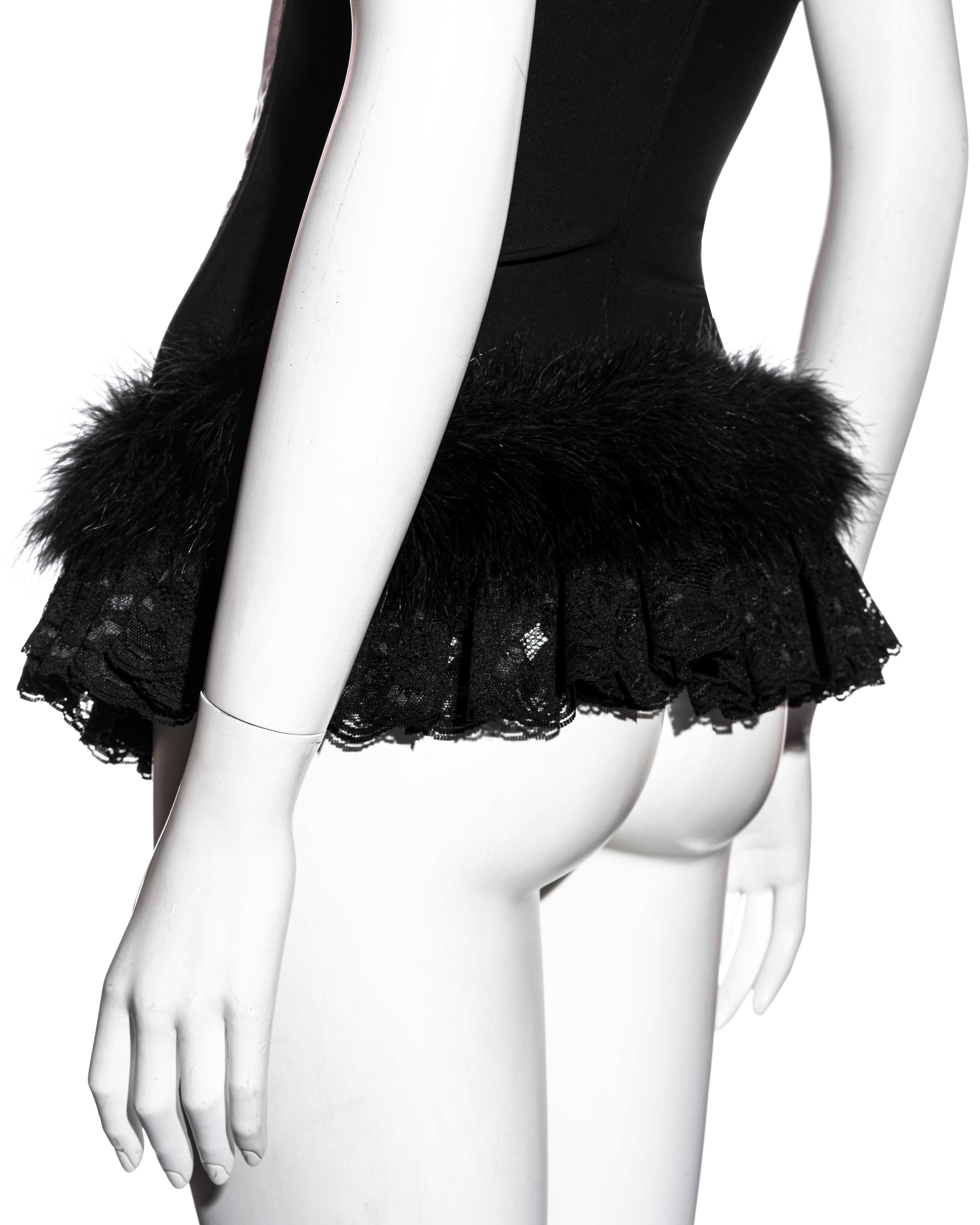 Dolce & Gabbana black satin corset with marabou feathers and lace, fw 1991 In Excellent Condition In London, GB