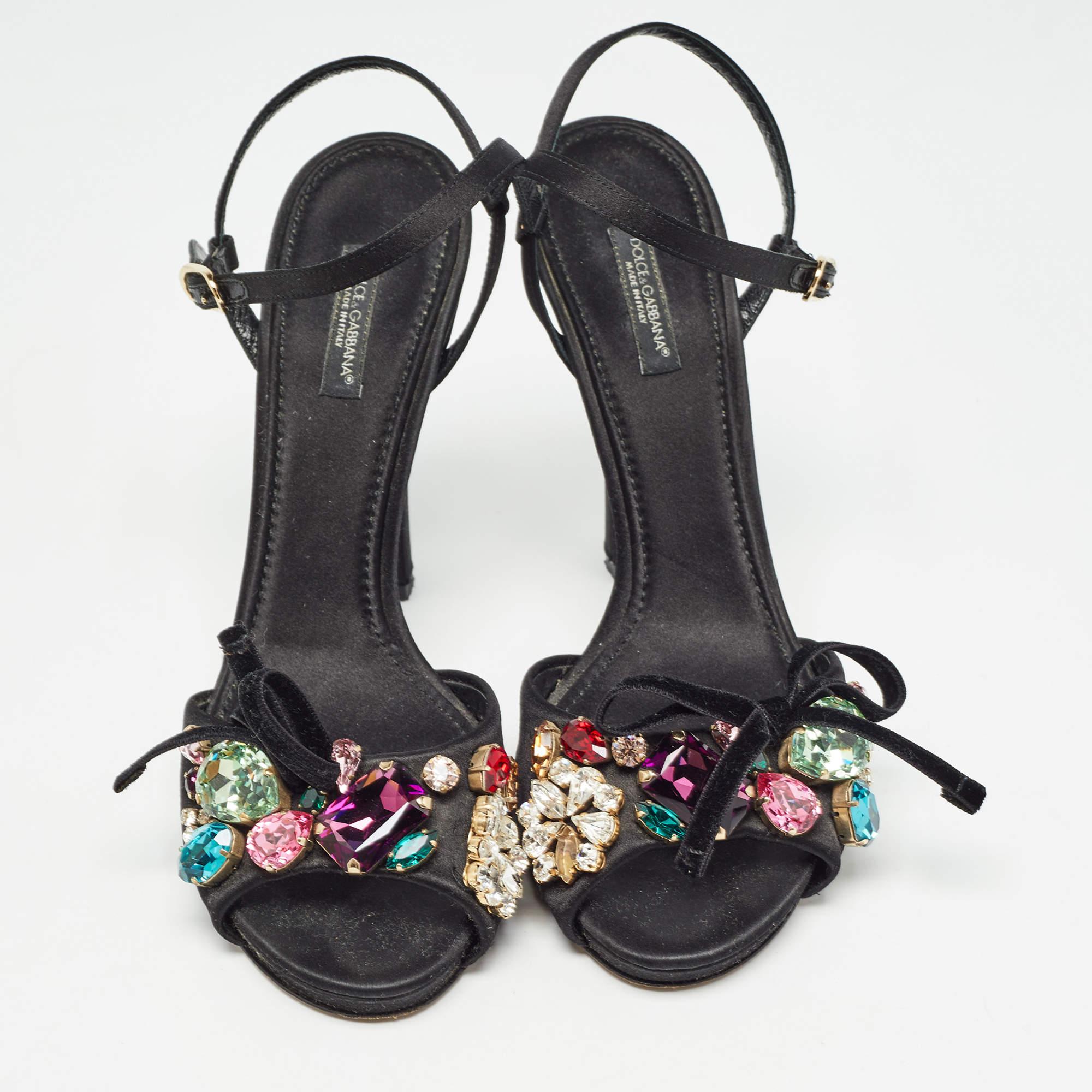 Dolce & Gabbana Black Satin Crystal Embellished Ankle Strap Sandals Size 37 In Good Condition For Sale In Dubai, Al Qouz 2