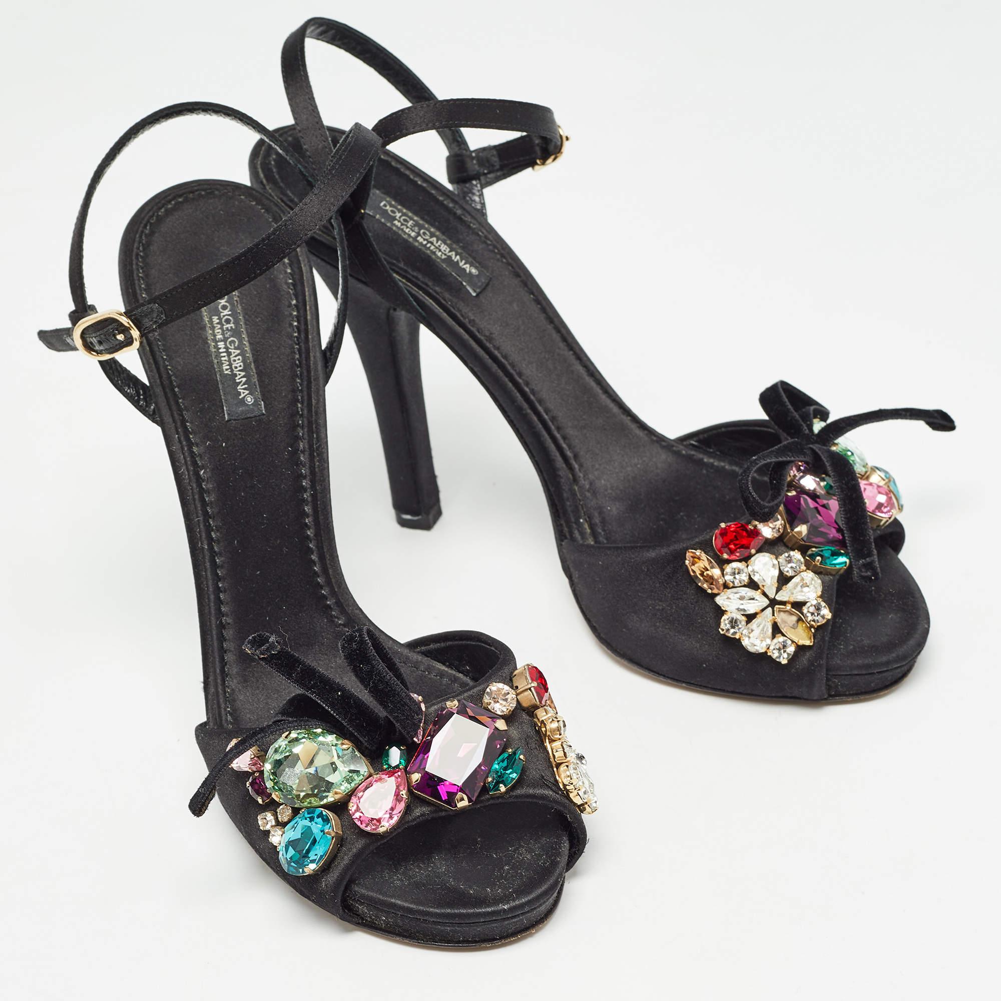 Women's Dolce & Gabbana Black Satin Crystal Embellished Ankle Strap Sandals Size 37 For Sale